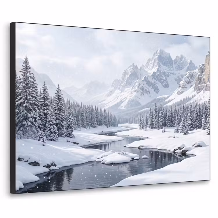 Sneeuwlandschap - Bergen - Rivier - Winter Textielframe zwart klein -3d