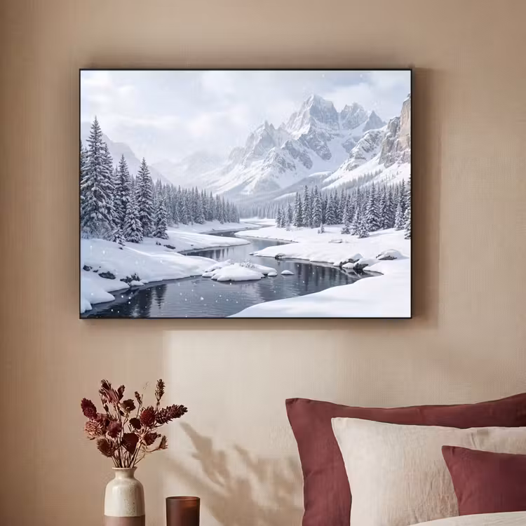 Sneeuwlandschap - Bergen - Rivier - Winter Textielframe zwart klein -sfeer1