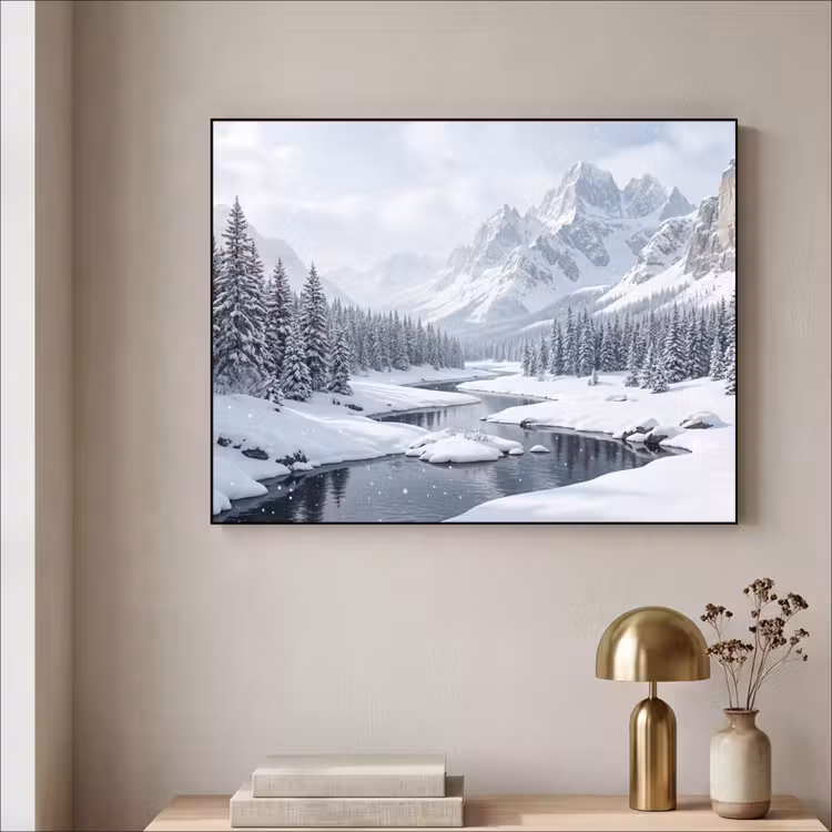 Sneeuwlandschap - Bergen - Rivier - Winter Textielframe zwart klein -sfeer2