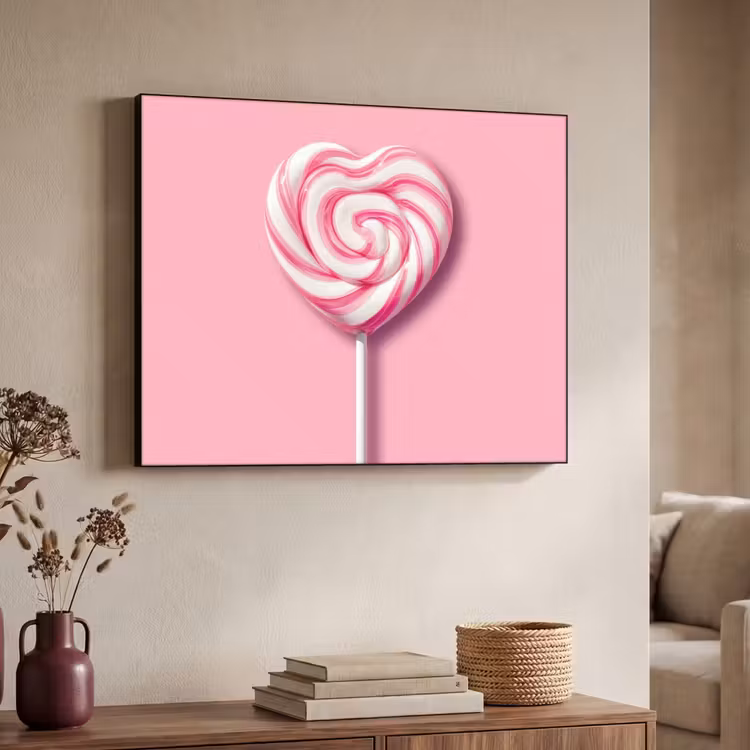 Snoep - Lolly - Hart- Roze Textielframe zwart klein -sfeer3