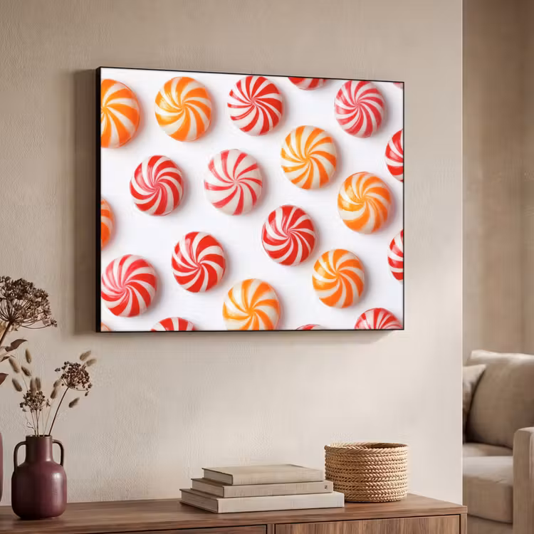 Snoep - Patroon - Rood - Oranje Textielframe zwart klein -sfeer3