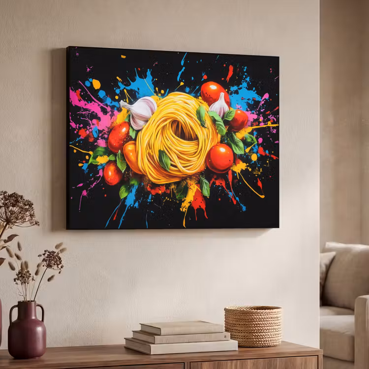 Spaghetti - Graffiti - Verf - Kleurrijk - Eten - Modern Textielframe - compleet frame klein -sfeer3