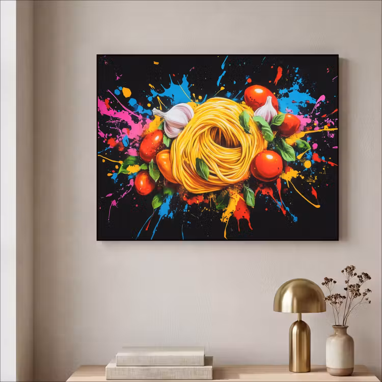Spaghetti - Graffiti - Verf - Kleurrijk - Eten - Modern Textielframe - compleet frame klein -sfeer2