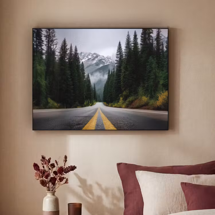 Sparrenbos - Weg - Bergen - Sneeuw Textielframe zwart klein -sfeer1