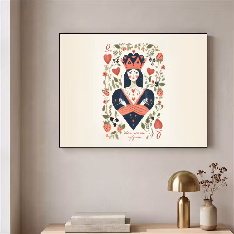 Speelkaart - Hartenkoningin - Bloemen - Hartjes Textielframe zwart klein -sfeer2