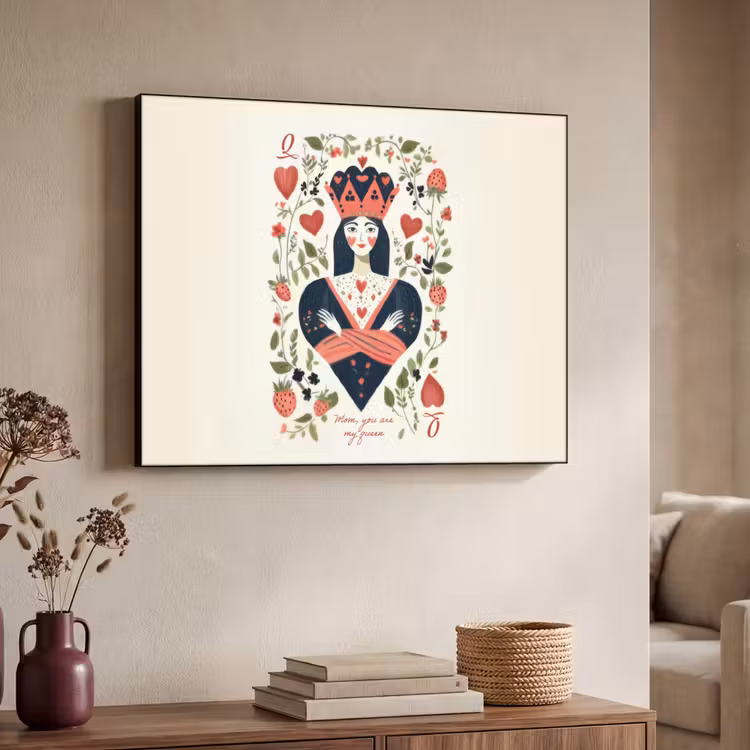 Speelkaart - Hartenkoningin - Bloemen - Hartjes Textielframe zwart klein -sfeer3