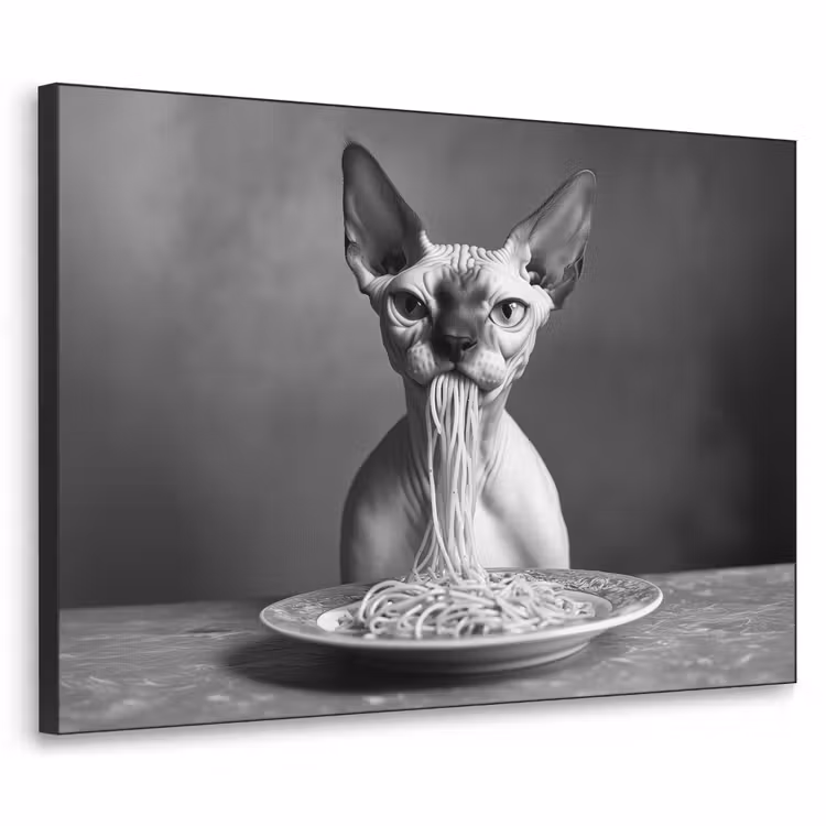Sphynx - Kat - Dieren - Humor - Spaghetti - Zwart Wit Textielframe - compleet frame klein -3d