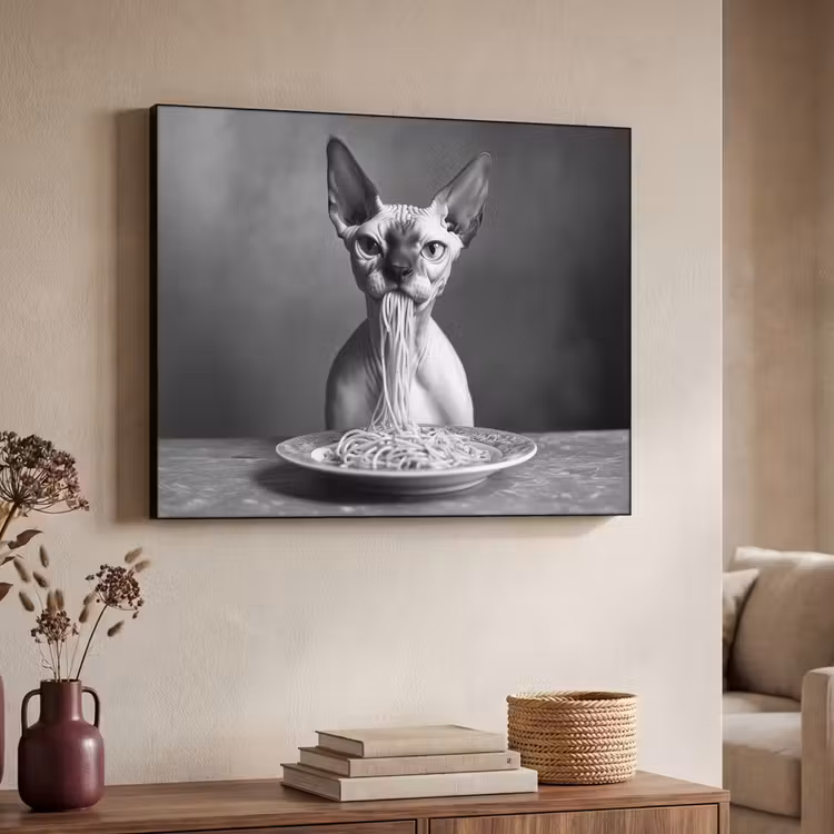 Sphynx - Kat - Dieren - Humor - Spaghetti - Zwart Wit Textielframe zwart klein -sfeer3
