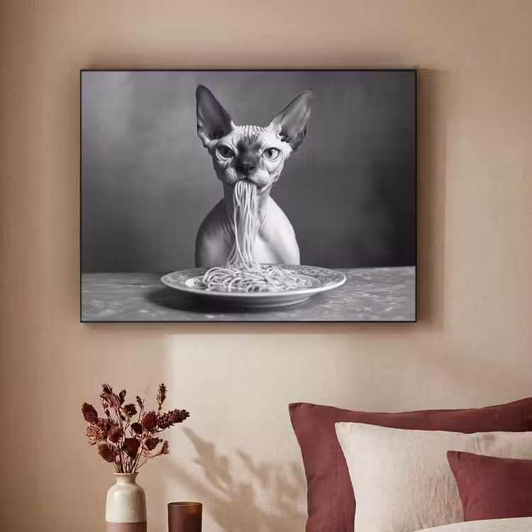Sphynx - Kat - Dieren - Humor - Spaghetti - Zwart Wit Textielframe - compleet frame klein -sfeer1
