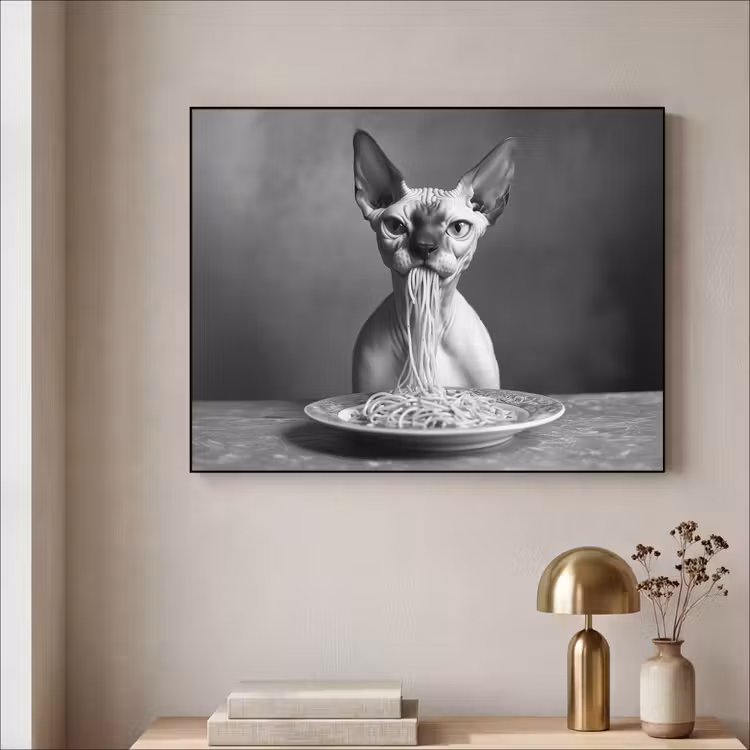 Sphynx - Kat - Dieren - Humor - Spaghetti - Zwart Wit Textielframe - compleet frame klein -sfeer2