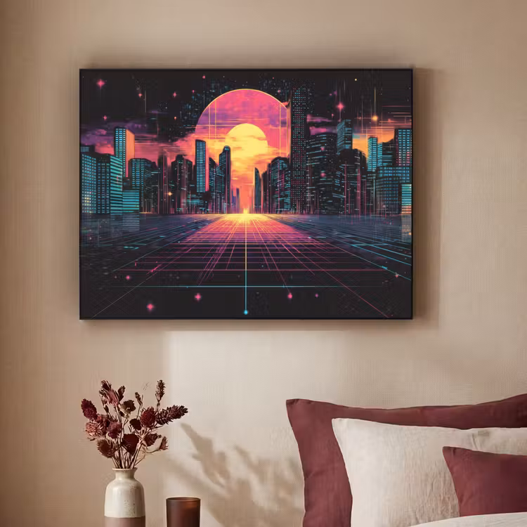 Stad - Gebouwen - Zon - Geel Textielframe zwart klein -sfeer1