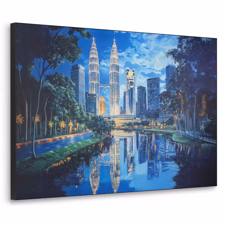 Stad Kuala Lumpur - Skyline - Wolkenkrabbers - Water Textielframe - compleet frame klein -3d