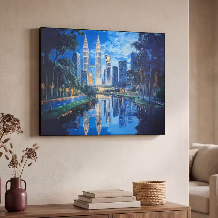 Stad Kuala Lumpur - Skyline - Wolkenkrabbers - Water Textielframe - compleet frame klein -sfeer3