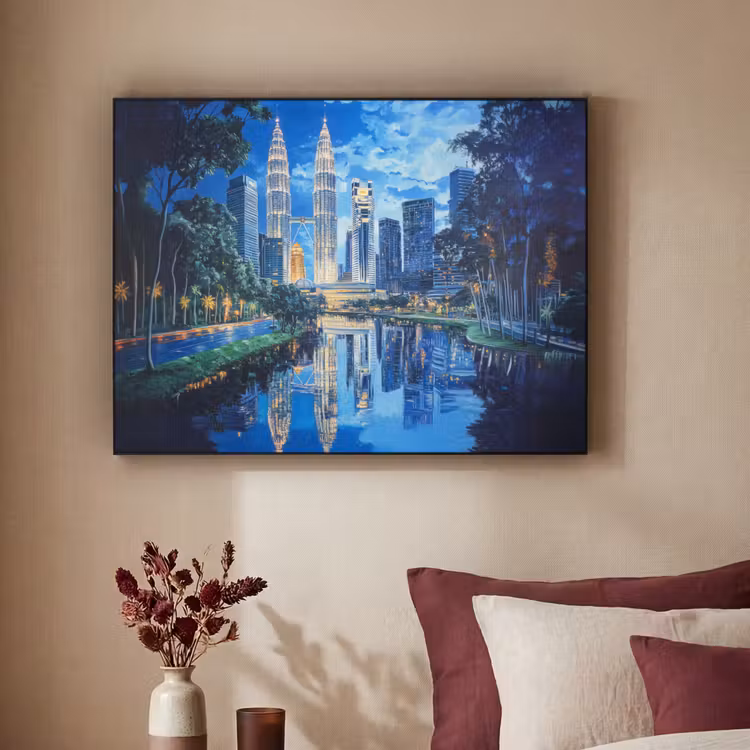 Stad Kuala Lumpur - Skyline - Wolkenkrabbers - Water Textielframe - compleet frame klein -sfeer1