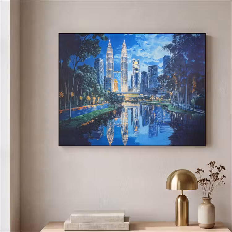 Stad Kuala Lumpur - Skyline - Wolkenkrabbers - Water Textielframe - compleet frame klein -sfeer2