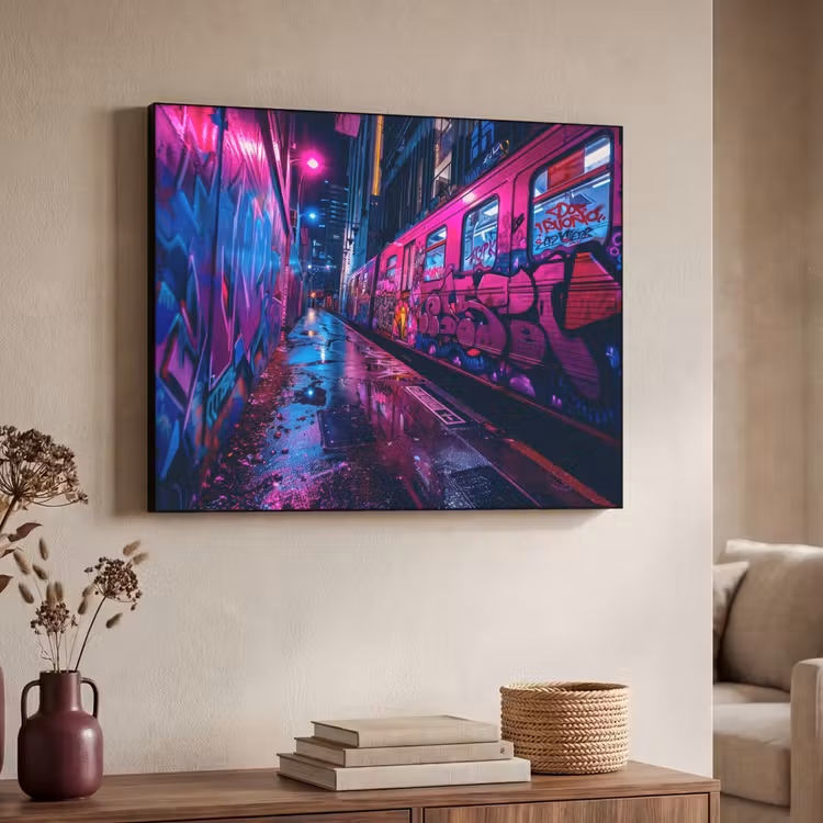 Stad - Neon - Nacht - Roze - Graffiti Textielframe - compleet frame klein -sfeer3