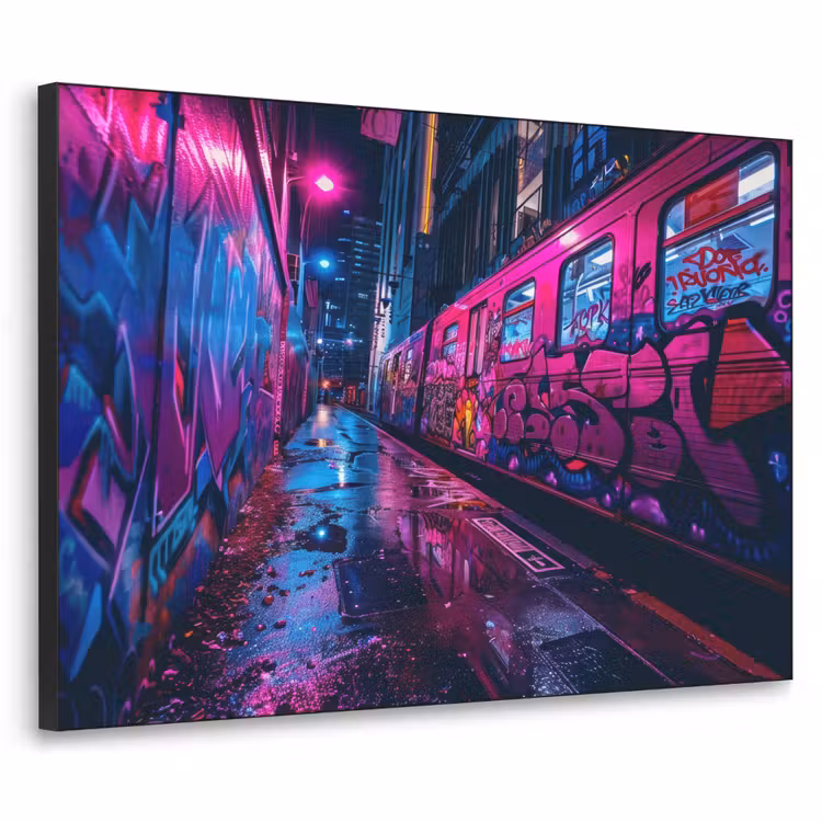 Stad - Neon - Nacht - Roze - Graffiti Textielframe zwart klein -3d