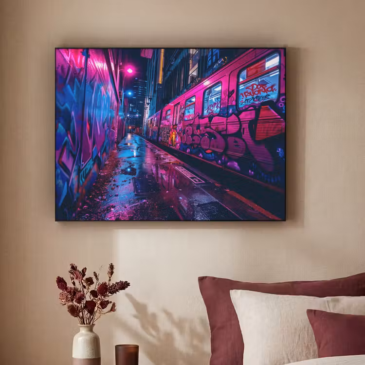 Stad - Neon - Nacht - Roze - Graffiti Textielframe zwart klein -sfeer1