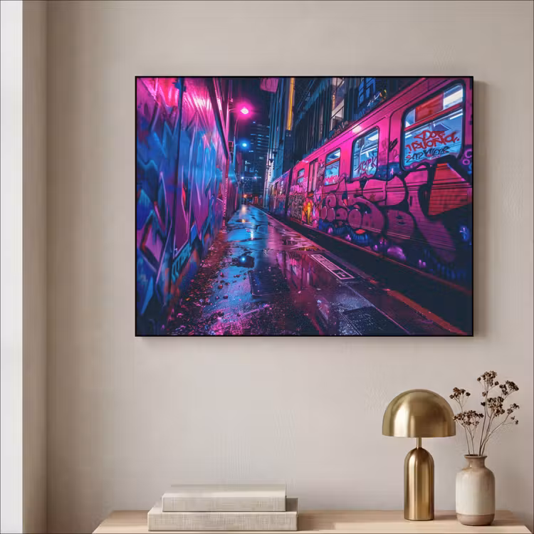Stad - Neon - Nacht - Roze - Graffiti Textielframe - compleet frame klein -sfeer2