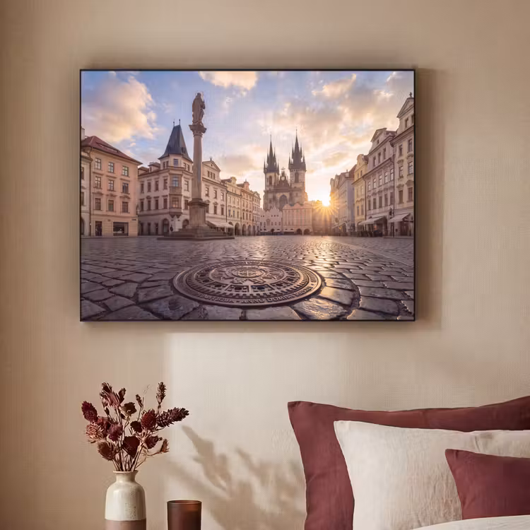 Stad - Praag - Ochtend - Architectuur - Goud Textielframe zwart klein -sfeer1