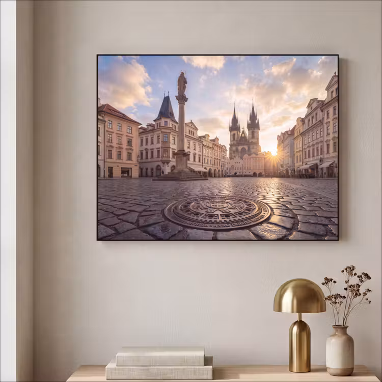 Stad - Praag - Ochtend - Architectuur - Goud Textielframe zwart klein -sfeer2