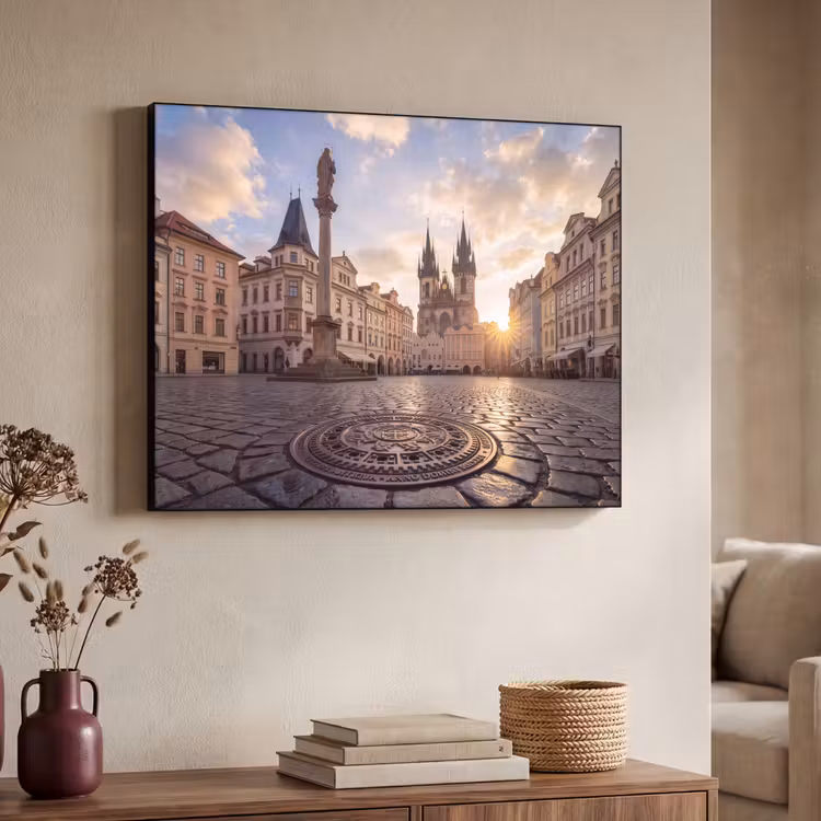 Stad - Praag - Ochtend - Architectuur - Goud Textielframe zwart klein -sfeer3