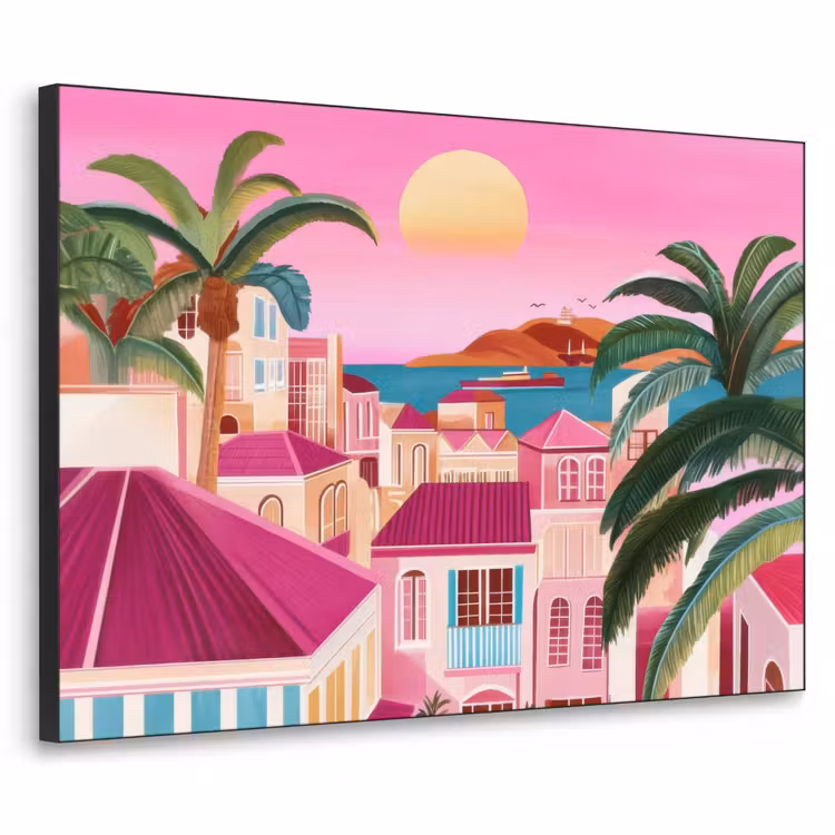 Stad - Roze - Palmbomen Textielframe - compleet frame klein -3d