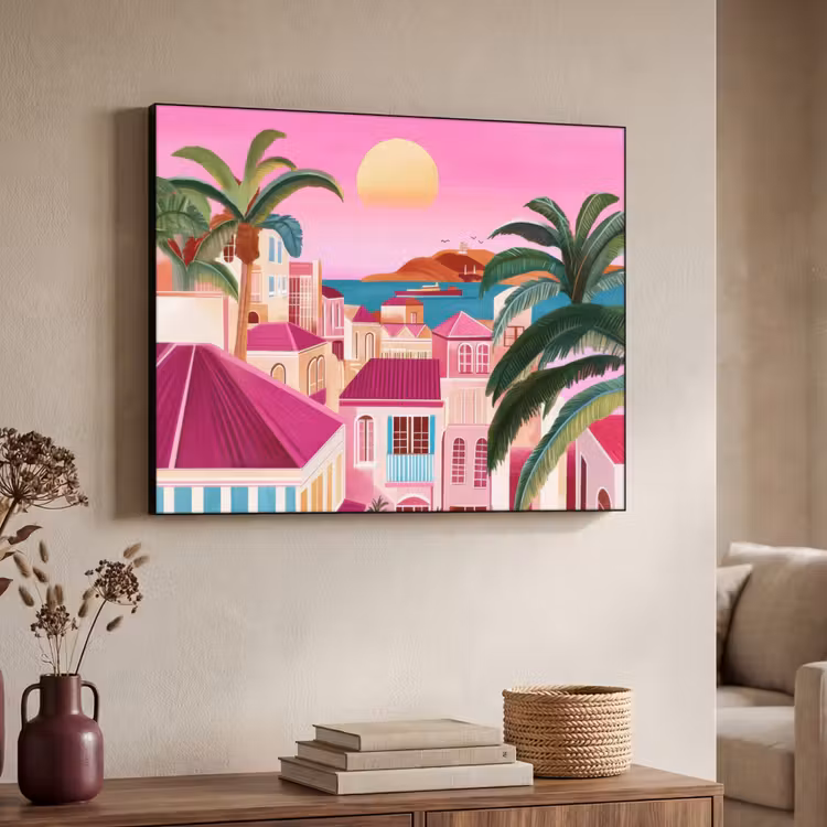 Stad - Roze - Palmbomen Textielframe zwart klein -sfeer3