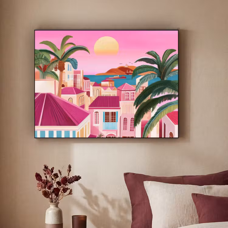 Stad - Roze - Palmbomen Textielframe zwart klein -sfeer1