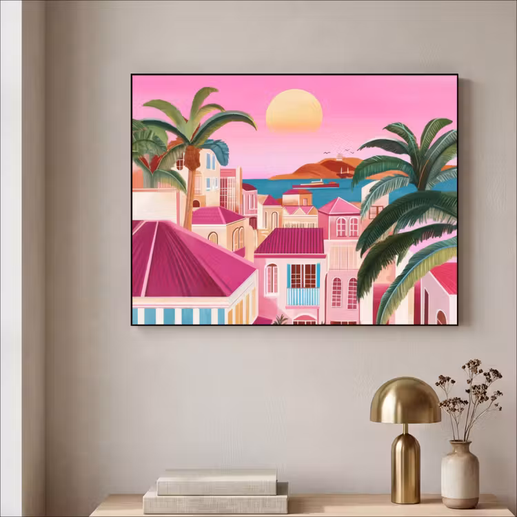 Stad - Roze - Palmbomen Textielframe zwart klein -sfeer2