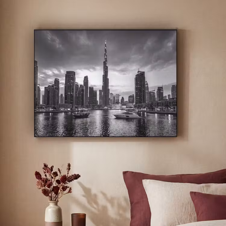 Stad - Skyline - Architectuur - Avond - Zwart-wit Textielframe zwart klein -sfeer1