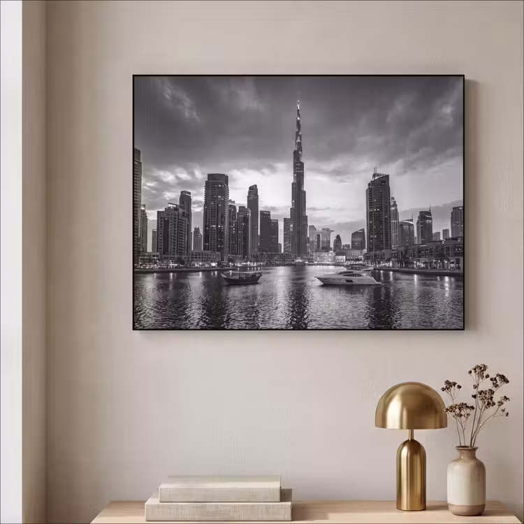 Stad - Skyline - Architectuur - Avond - Zwart-wit Textielframe zwart klein -sfeer2