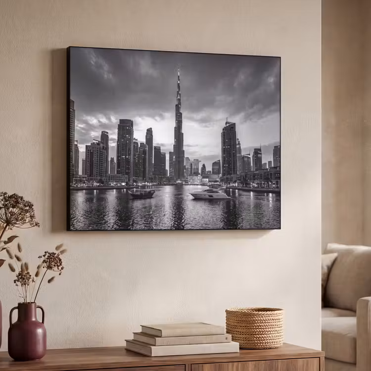 Stad - Skyline - Architectuur - Avond - Zwart-wit Textielframe zwart klein -sfeer3