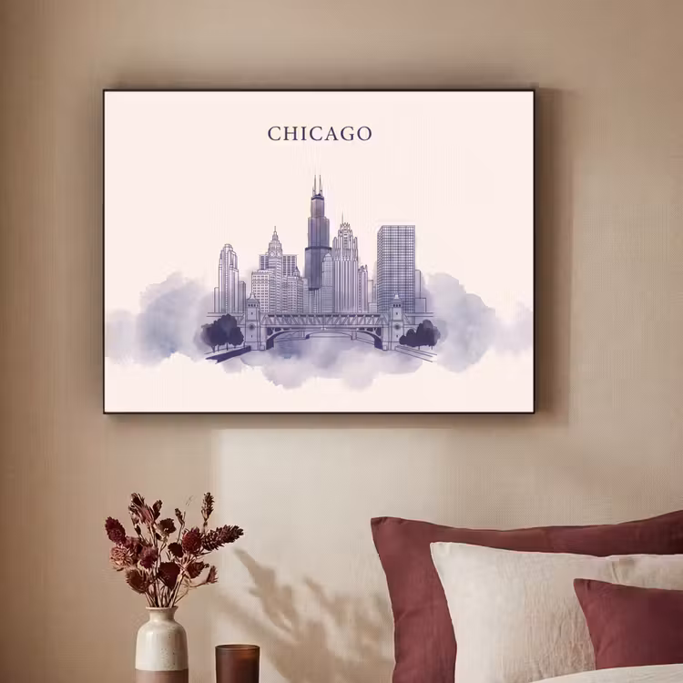 Stad - Skyline - Architectuur - Lijntekening - Blauw Textielframe zwart klein -sfeer1