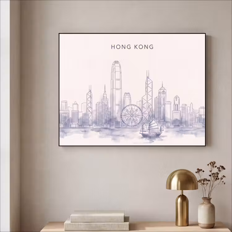 Stad - Skyline - Water - Lijntekening - Blauw Textielframe zwart klein -sfeer2
