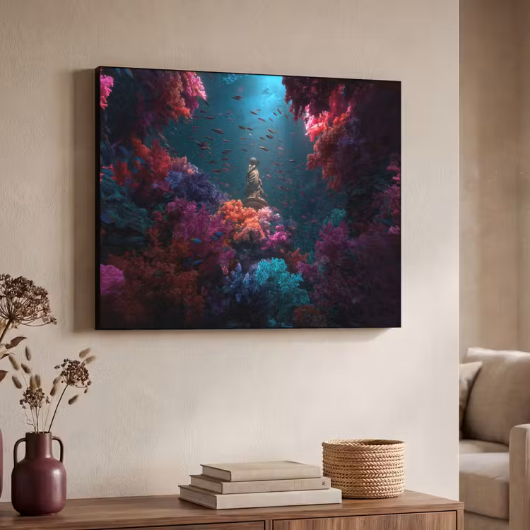Standbeeld - Zeebodem - Koraal - Kleurrijk Textielframe zwart klein -sfeer3