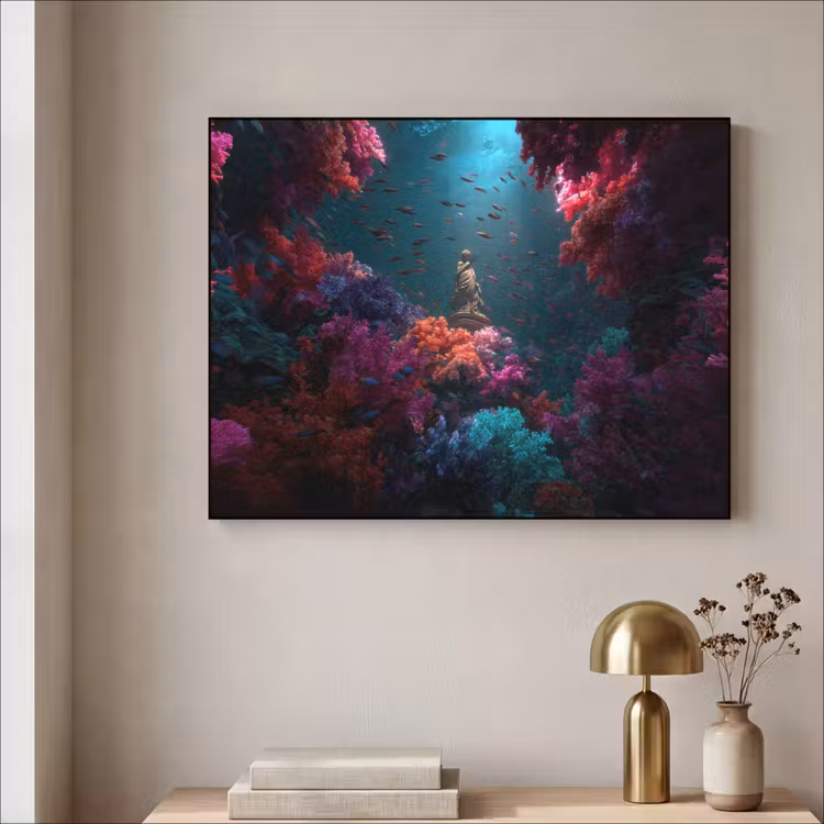 Standbeeld - Zeebodem - Koraal - Kleurrijk Textielframe - compleet frame klein -sfeer2
