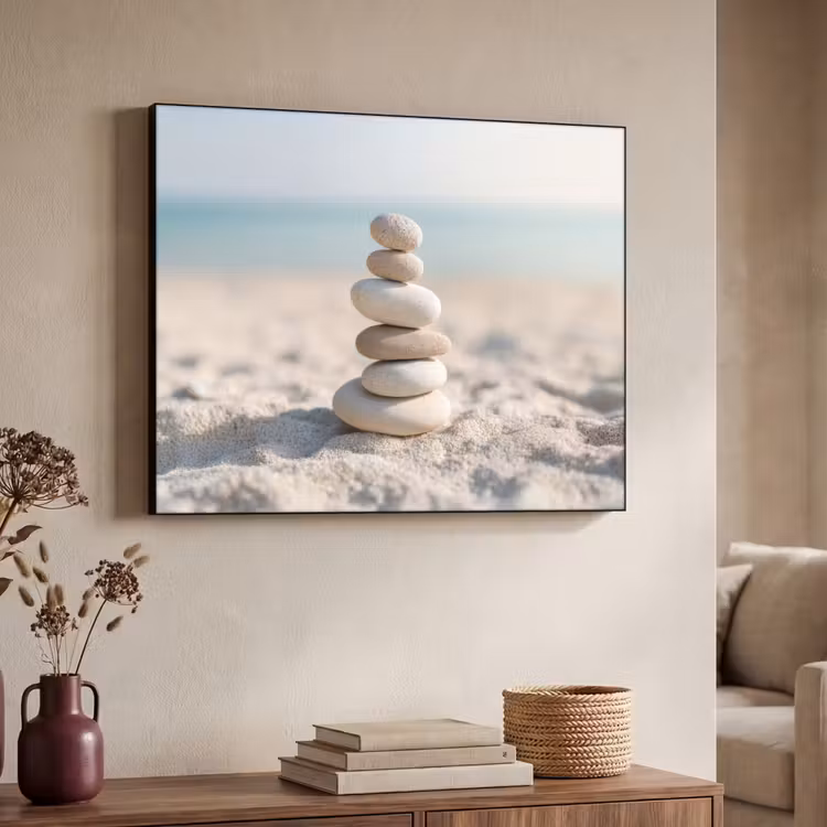 Stenen - Stapel - Zand - Zee Textielframe zwart klein -sfeer3