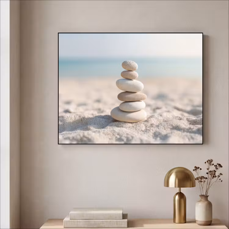 Stenen - Stapel - Zand - Zee Textielframe zwart klein -sfeer2