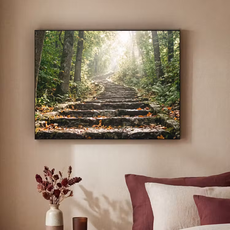 Stenen - Trap - Bos - Natuur Textielframe zwart klein -sfeer1
