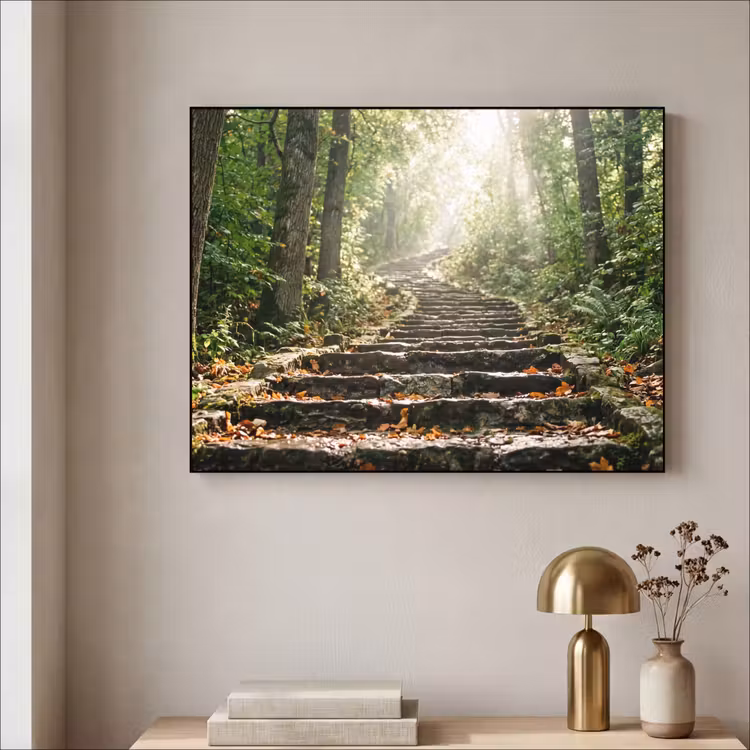 Stenen - Trap - Bos - Natuur Textielframe zwart klein -sfeer2