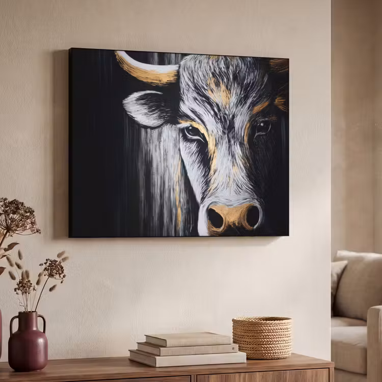 Stier - Hoorns - Snuit - Goud Textielframe zwart klein -sfeer3