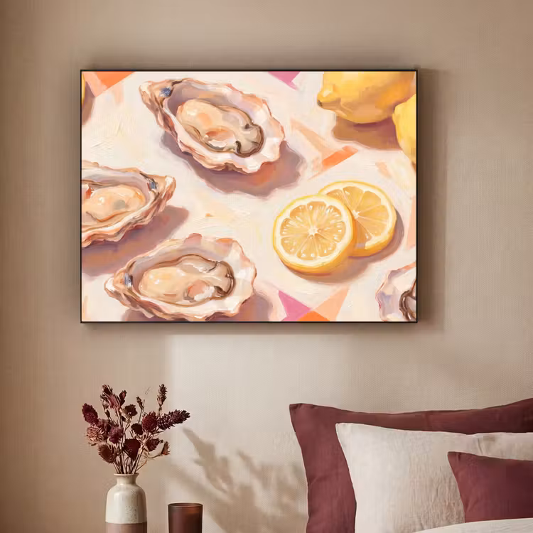 Stilleven - Citroenen - Oesters - Abstract - Oranje Textielframe zwart klein -sfeer1