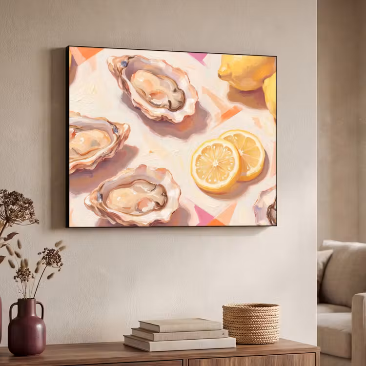 Stilleven - Citroenen - Oesters - Abstract - Oranje Textielframe zwart klein -sfeer3