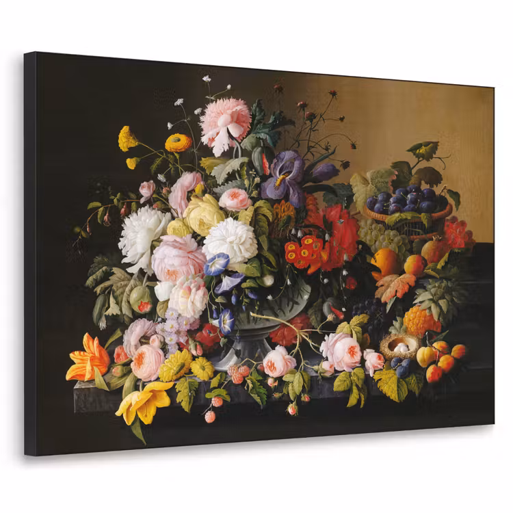 Stilleven met bloemen en fruit - Kunstwerk - Oude meesters Textielframe zwart klein -3d
