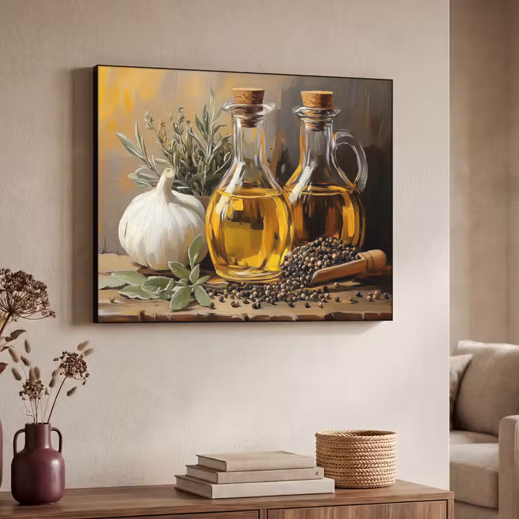 Stilleven - Olijfolie - Knoflook - Kruiden Textielframe - compleet frame klein -sfeer3