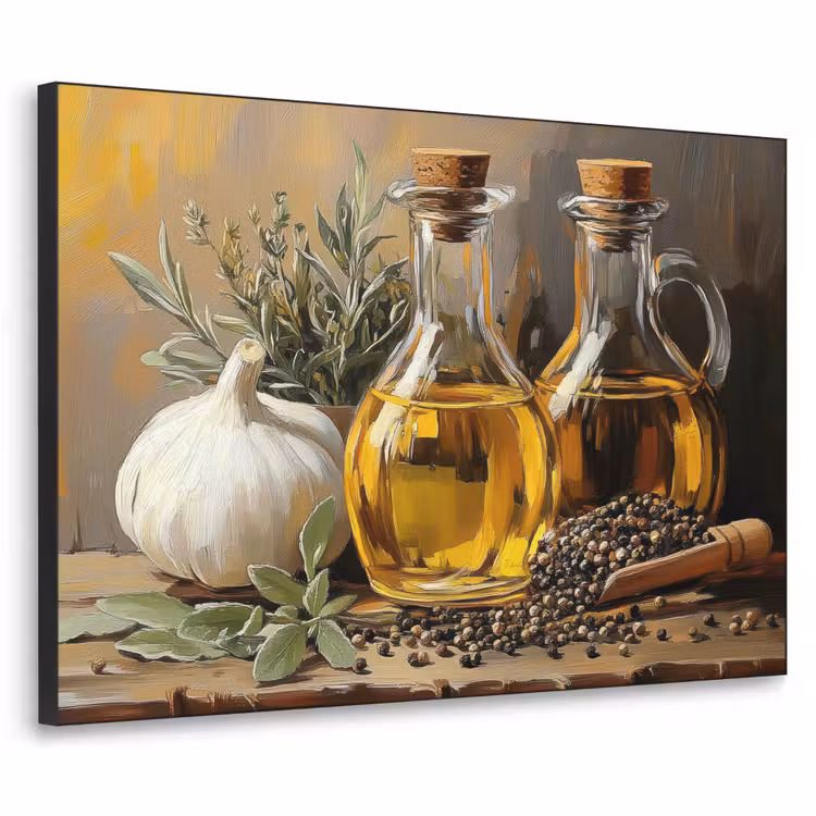 Stilleven - Olijfolie - Knoflook - Kruiden Textielframe zwart klein -3d