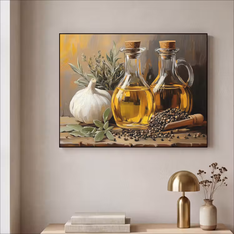 Stilleven - Olijfolie - Knoflook - Kruiden Textielframe zwart klein -sfeer2