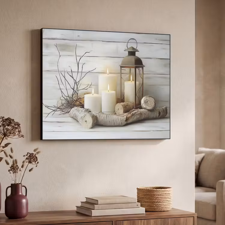 Stilleven - Wit - Kaarsen - Rustiek - Natuur Textielframe - compleet frame klein -sfeer3