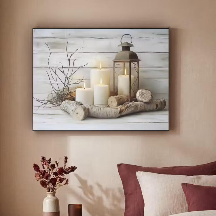 Stilleven - Wit - Kaarsen - Rustiek - Natuur Textielframe zwart klein -sfeer1